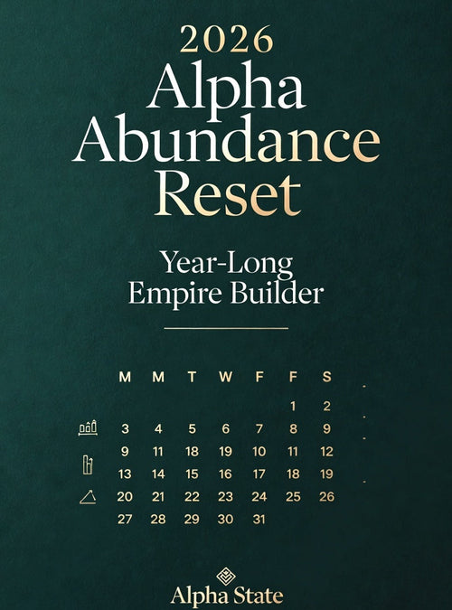 2026 Alpha Abundance Reset calendar on a dark green background