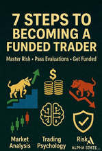 Load image into Gallery viewer, Book cover of '7 Steps to Becoming a Funded Trader' with icons and text on a dark background
